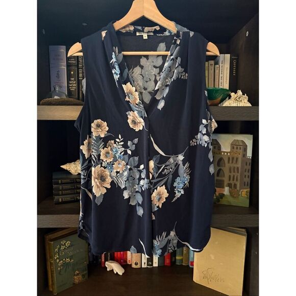 No Brand Tops - Beacon Alicia Pleat Detail Knit Sleeveless Floral Top In Navy Size Large Petite
